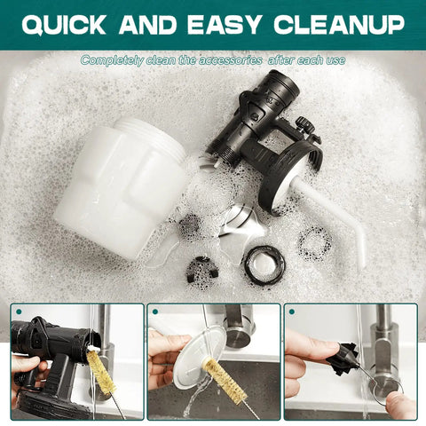 Pro Home Paint Sprayer HVLP Electric Gun with accessories being cleaned in soapy water showcasing easy cleanup
