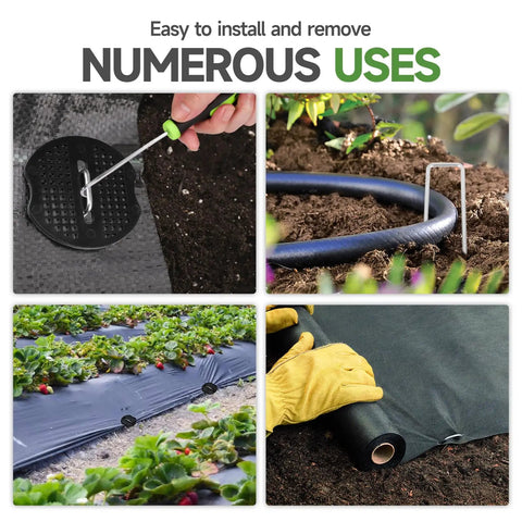 Galvanized Garden Stakes Kit 6 Inch 11 Gauge Includes 100 Landscape Staples 100 Gaskets And 1 Pick Hook For Tent Stakes Weed Barrier Landscape Fabric Ground Cover Fence in use for securing garden fabric and hoses.