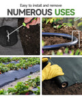 Collage showing uses of 6 Inch 11 Gauge Galvanized Garden Stakes Kit With 50 Landscape Staples, 50 Fixing Gaskets, And 1 Pick Hook.