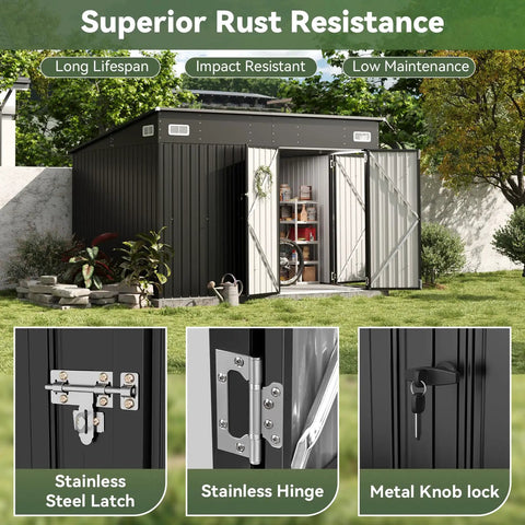Outdoor Waterproof Storage Shed With 360 Cu Ft Capacity 9.4 By 7.3 Feet Heavy Duty Metal Garden Tool Shed With Triple Lockable Doors