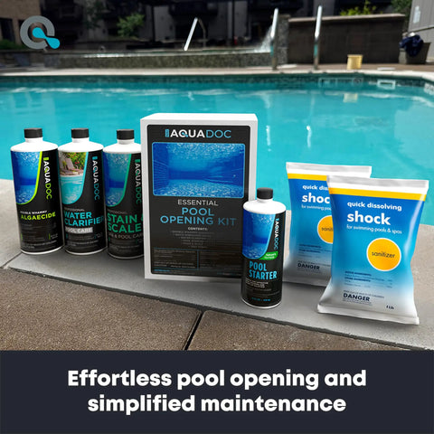 Pool Opening Kit For Inground And Above Ground Pools Kick Off Your Season With This All In One Pool Starter Kit Including Algaecide, Water Clarifier, Shock, Stain And Scale Remover, Test Strips For 15000 To 20000 Gallon Pools, displayed poolside