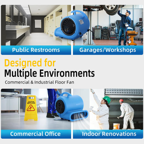 Industrial Air Mover Fan For Water Damage Restoration And Carpet Drying, 1/2 HP, 2800 CFM in various use environments