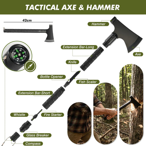 All Terrain Survival Gear Kit With First Aid Supplies And Tactical Crossbody Bag featuring tactical axe and hammer details