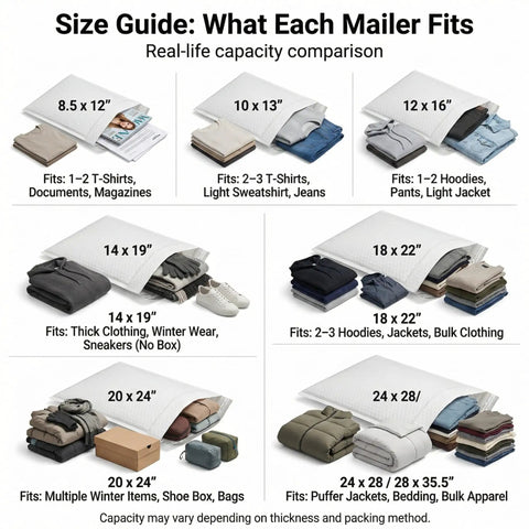 Size guide image showing various mailer sizes, including Extra Large 12 By 16 Inch Bubble Mailers Pack Of 10 Self Adhesive Cushioned Padded Envelopes Waterproof Shipping Bags For Business Use Great For Documents Clothing And Gift Packaging, with examples of items that fit in each size.