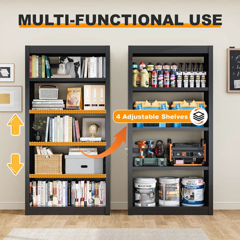 Heavy Duty 69 Inch Tall Metal Bookshelf Five Tier Adjustable Bookshelf In Black Finish For Home Office Storage with books and tools