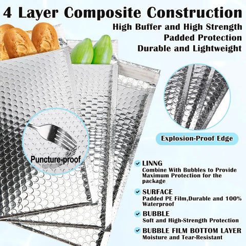 20 Pack Thermal Bubble Mailers, 8 By 11 Inches, Silver Metallic Self Seal Foil Mailing Envelopes display puncture resistance