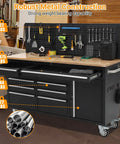 61 Inch Rolling Tool Chest With 10 Drawers And Built In Power Strip, Solid Rubber Wood Top, Heavy Duty Mobile Workstation On Wheels, 1675 Lbs Load Capacity in workshop setting