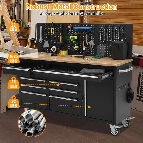 61 Inch Rolling Tool Chest With 10 Drawers And Built In Power Strip, Solid Rubber Wood Top, Heavy Duty Mobile Workstation On Wheels, 1675 Lbs Load Capacity in workshop setting