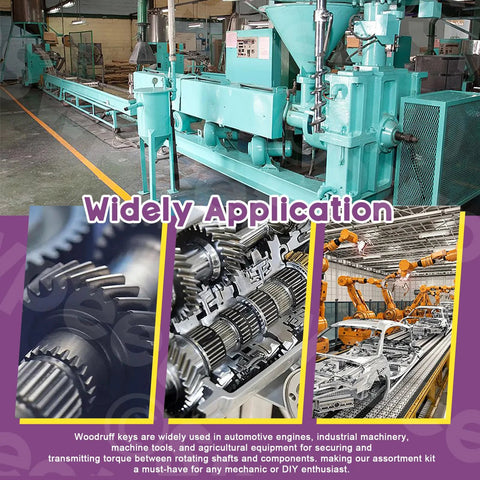 Woodruff key kit banner showing teal industrial machinery, gears, and robotic arms