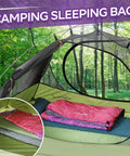Ultralight Camping Sleeping Bag for Adults and Kids in tent, pink and purple, lightweight, right zipper, backcountry use