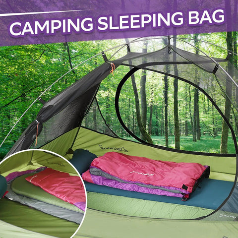 Ultralight Camping Sleeping Bag for Adults and Kids in tent, pink and purple, lightweight, right zipper, backcountry use