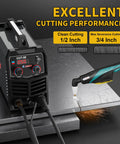 Beefy 50 Amp Dual Voltage Plasma Cutter With Air Inverter, 110 Volt and 220 Volt, cutting metal with digital display visible.