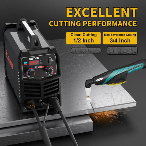 Beefy 50 Amp Dual Voltage Plasma Cutter With Air Inverter, 110 Volt and 220 Volt, cutting metal with digital display visible.