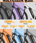 Beast Electric Mountain Bike For Adults With 21 Speed Gear System And 27.5 Inch Wheels, 1200W Peak Brushless Motor, Up To 28 MPH, Removable 48V Battery Options 10.4Ah Or 13Ah, Up To 65 Miles Range, Step Over EMTB With NFC Unlock, shown in six colors