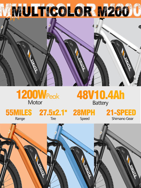 Beast Electric Mountain Bike For Adults With 21 Speed Gear System And 27.5 Inch Wheels, 1200W Peak Brushless Motor, Up To 28 MPH, Removable 48V Battery Options 10.4Ah Or 13Ah, Up To 65 Miles Range, Step Over EMTB With NFC Unlock, shown in six colors