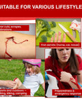Collage of first aid scenarios with plant-based first aid powder for wounds FDA cleared, stopping bleeding on cuts and scrapes.