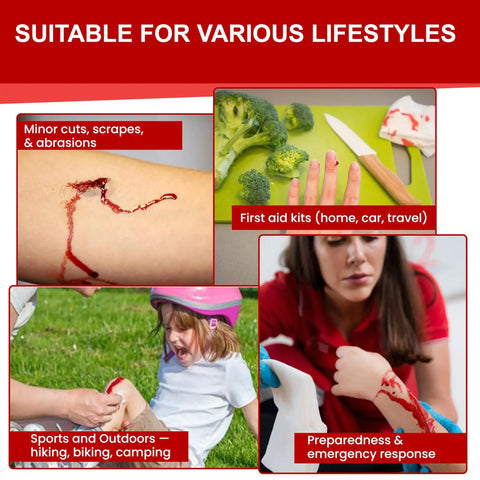 Collage of first aid scenarios with plant-based first aid powder for wounds FDA cleared, stopping bleeding on cuts and scrapes.