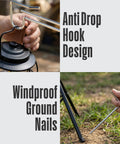Adjustable Telescopic Lantern Tripod Stand For Camping And Outdoors showing anti-drop hook and windproof ground nails