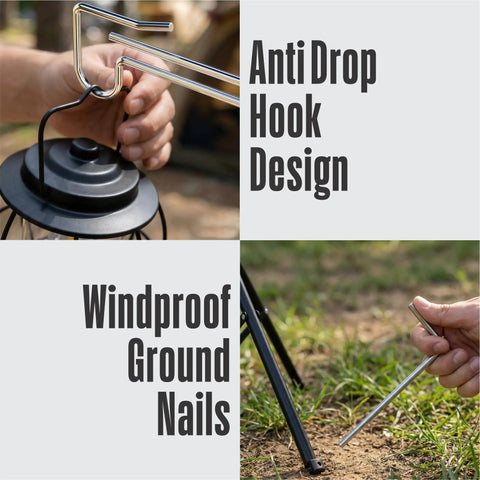 Adjustable Telescopic Lantern Tripod Stand For Camping And Outdoors showing anti-drop hook and windproof ground nails