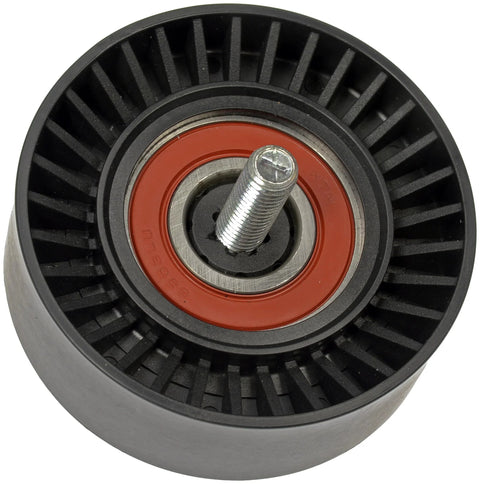 Front view of black automotive drive belt idler pulley with red seal and silver threaded mounting stud.