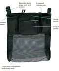 Cups N Cargo Universal Stroller Caddy Organizer with cup holders and mesh storage bag, black, shown with labeled features.