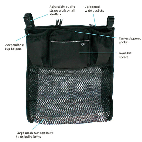 Cups N Cargo Universal Stroller Caddy Organizer with cup holders and mesh storage bag, black, shown with labeled features.