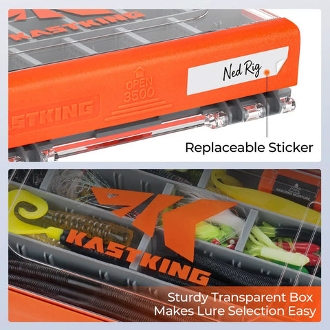 Close-up of HyperSeal 3500 Double Sided Waterproof Fishing Tackle Box with transparent lid and labeled section for tackle.