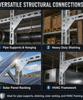 Versatile 8 Pack 5-Hole Corner Gusset Plate for 1-5/8 Inch Strut Channel used in shelving, solar racking, and HVAC support.