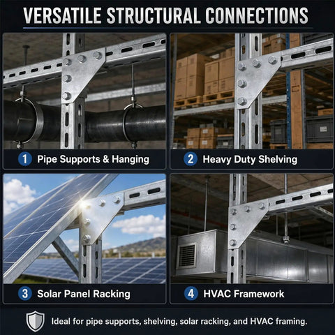 Versatile 8 Pack 5-Hole Corner Gusset Plate for 1-5/8 Inch Strut Channel used in shelving, solar racking, and HVAC support.