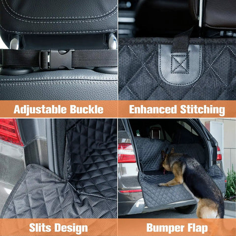 Close-up of Heavy Duty Waterproof SUV Cargo Liner For Dogs With Bumper Flap Protector, adjustable buckle, stitching, and dog using mat