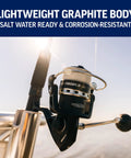 Nearshore Offshore Spinning Fishing Reel 8000 Size With HT100 Front Drag 25Lb Max Drag Five Sealed Stainless Bearings Carbon Fiber Drag Washers Saltwater Ready Durable Beast Mode Smooth Power For Big Catches attached to a boat rail, focusing on lightweight graphite body and corrosion-resistant design.