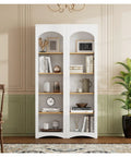 Built Tough Free Standing Five Tier Book Shelves With Adjustable Shelves Farmhouse Two Tone Bookcase Set filled with decor items.