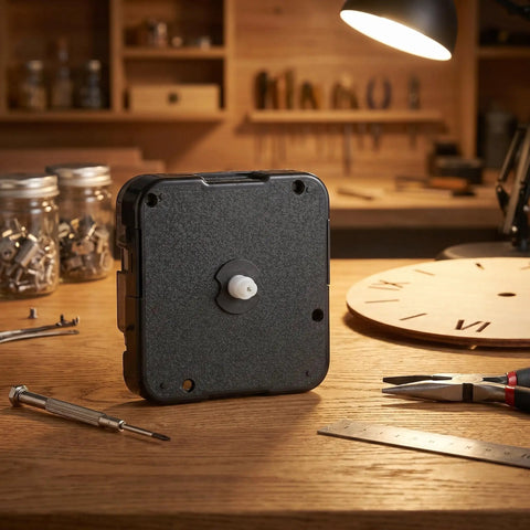 WhisperSilent Quartz Wall Clock Movement Kit With 8mm No Thread Shaft For DIY Projects And Home Decor in a workshop setting.