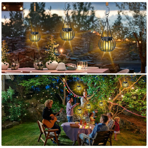 Two Pack 15 Inch Outdoor Solar Lantern Lights illuminating a garden patio with warm decorative glow, IP65 waterproof for nighttime ambiance.