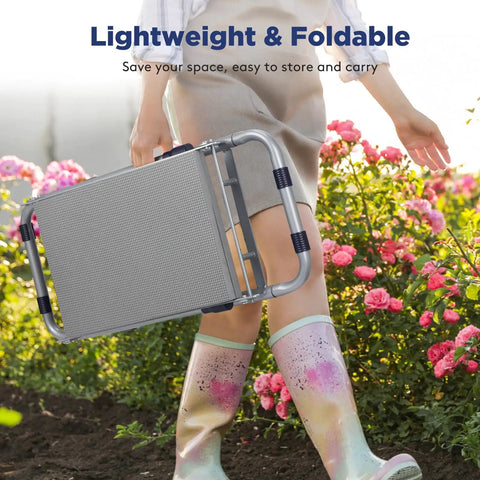 Person carrying a Foldable Garden Kneeler And Seat 2 In 1 Heavy Duty Bench with 10-inch wide detachable kneeling pad