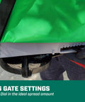Close-up of handheld lawn spreader with 25lb capacity showing 6 settings dial for grass seed and fertilizers, waterproof design