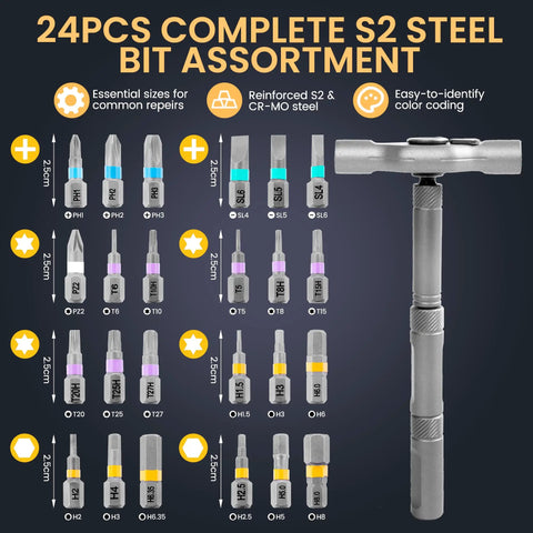 Get The Ultimate 24 In 1 Magnetic Ratchet Screwdriver Setup With S2 Steel Precision Bits For Bike, Phone And Furniture Fix-Its Plus Bonus Tweezers. 24pcs S2 steel bits, 2.5cm