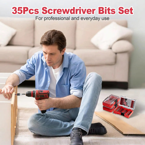 Man using electric drill with 35Pcs Screwdriver Bits Set Built From S2 Steel, Impact Ready Kit With Slim Storage Case nearby
