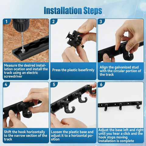 Installation steps for 12 Inch L Track Tie Down System Kit, showing step-by-step guide with images of hands and tools.