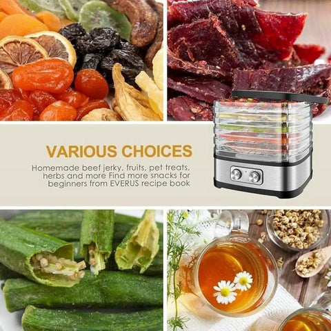 Hassle Free Countertop Electric Food Dehydrator With Five Generous Removable Trays And A Simple Digital Dial for drying fruits, jerky, and veggies.