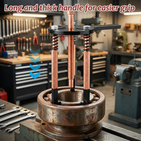 Badass 36 In 1 Bearing Puller Kit With Adjustable Jaw Heads For Blind Hole And Gear Removal To Make Stubborn Shaft Tasks A Total Piece of Cake For Car Guys And DIY Home Mechanics Needing Reliability And Easy Grip For Tough Everyday Jobs Now. long-handle bearing puller in workshop, steel jaws on large bearing