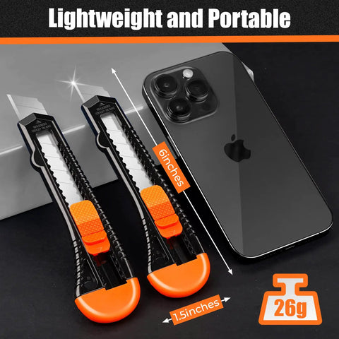 24 Pack Box Cutters With 18mm Snap Off Pro Grade Blades next to smartphone showing size comparison, lightweight design