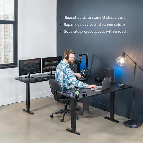Rock Solid U Shaped Standing Desk Converters 83 By 60 Inches Black Sit Stand Converter For Dual Monitors Gaming Workstation in use.