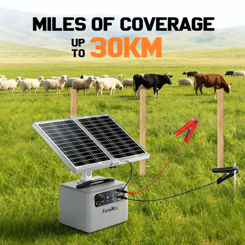 Adjustable Output Solar Fence Charger for Livestock with solar panel, 30KM range, suitable for farm use with miles of coverage