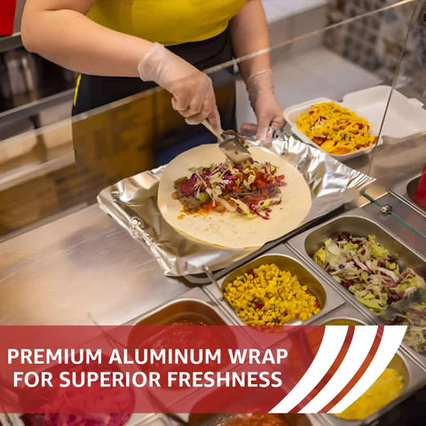 Person making a wrap using Heavy Duty 18 Inch Wide Aluminum Foil Roll, 500 Feet, Food Safe, Tear Resistant for Cooking.