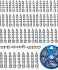 Bass Fishing Nail Sinkers Set 70 Pieces With Four Sizes One Thirty Second Ounce One Twenty Fifth Ounce One Sixteenth Ounce One Eighth Ounce Insert Weights For Plastic Worms Soft Plastic Baits Neko Rig And Wacky Rig Tackle arranged next to blue storage box.
