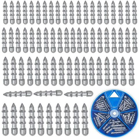 Bass Fishing Nail Sinkers Set 70 Pieces With Four Sizes One Thirty Second Ounce One Twenty Fifth Ounce One Sixteenth Ounce One Eighth Ounce Insert Weights For Plastic Worms Soft Plastic Baits Neko Rig And Wacky Rig Tackle arranged next to blue storage box.