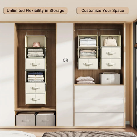 Heavy Duty Hanging Closet Organizer With Six Shelves And Three Zippered Drawers To Straight Up Upgrade Your Messy Wardrobe Storage Setup In Classic Beige Finish