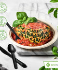 Fully Compostable 380 Piece Cutlery Set With 7 Inch Forks Spoons And Knives In Black Tray Eco Friendly Durable Heat Resistant Plastic Alternative For Parties And Events Great For Camping Picnic Catering And Office Lunches. black cutlery with lasagna