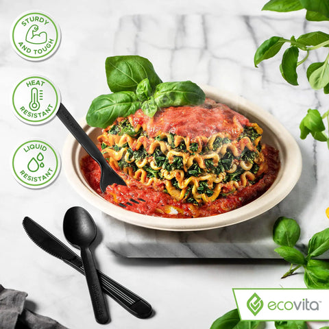 Fully Compostable 380 Piece Cutlery Set With 7 Inch Forks Spoons And Knives In Black Tray Eco Friendly Durable Heat Resistant Plastic Alternative For Parties And Events Great For Camping Picnic Catering And Office Lunches. black cutlery with lasagna